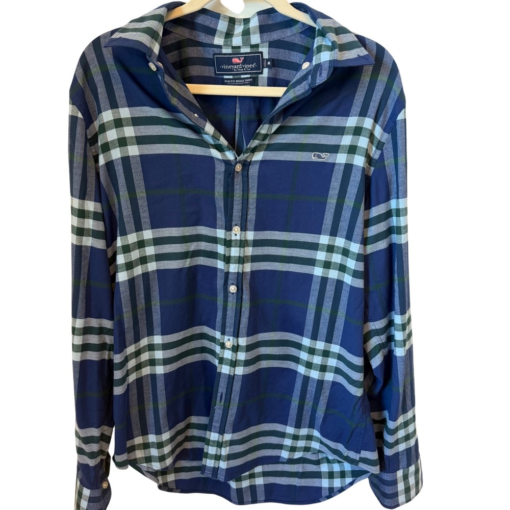 Vineyard Vines Mens Plaid Slim Fit‎ Whale Shirt Blue Green White - Medium